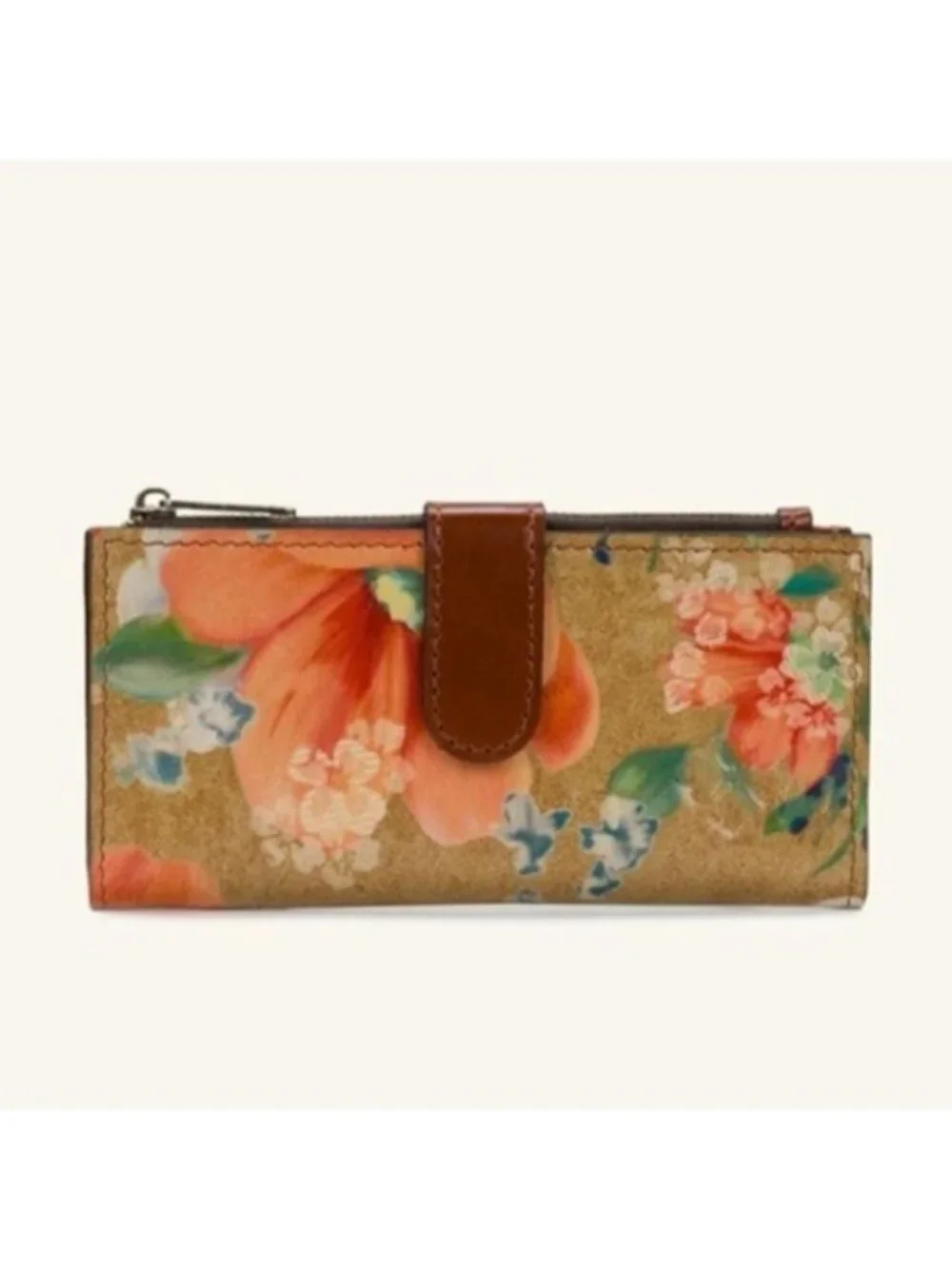 Patricia Nash Apricot Blossom Nazari Bi-Fold RFID Leather Floral Wallet Tan